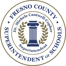 Image of the logo for the Fresno County Superintendent of Schools with Dr. Michele Cantwell-Copher's name